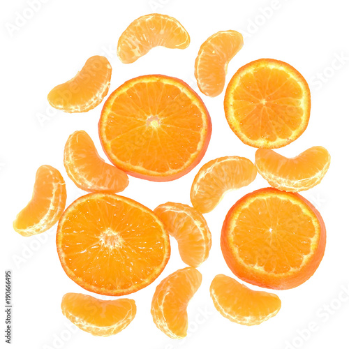 Ripe cut and slice tangerines top view isolated