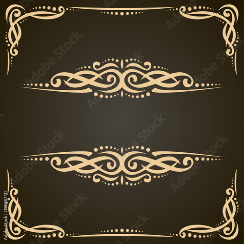 Vector decorative golden frames on dark, ornate decoration with flourishes for wedding invitation, vintage filigree dividers with curls and dots, border with sophisticated victorian design elements.