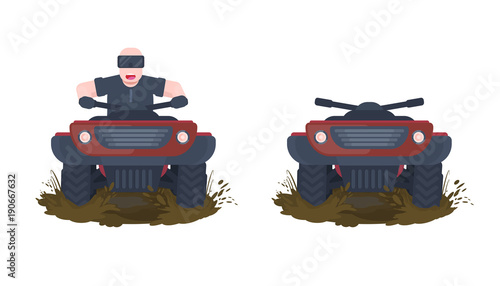 ATV Quad bike with happy man and dirty splash. Flat vector illustration