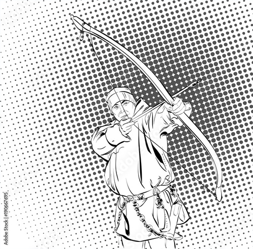Eskimos with bow. Inuit, Chukchi man character in traditional costume standing with bow and arrow, northern people, life in the far north