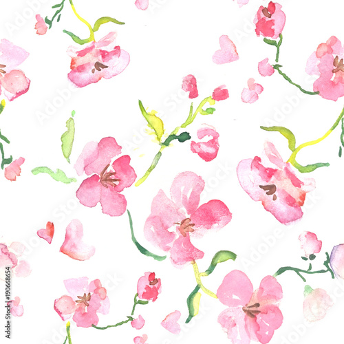 Seamless pattern of watercolor pink bloomingd flowers