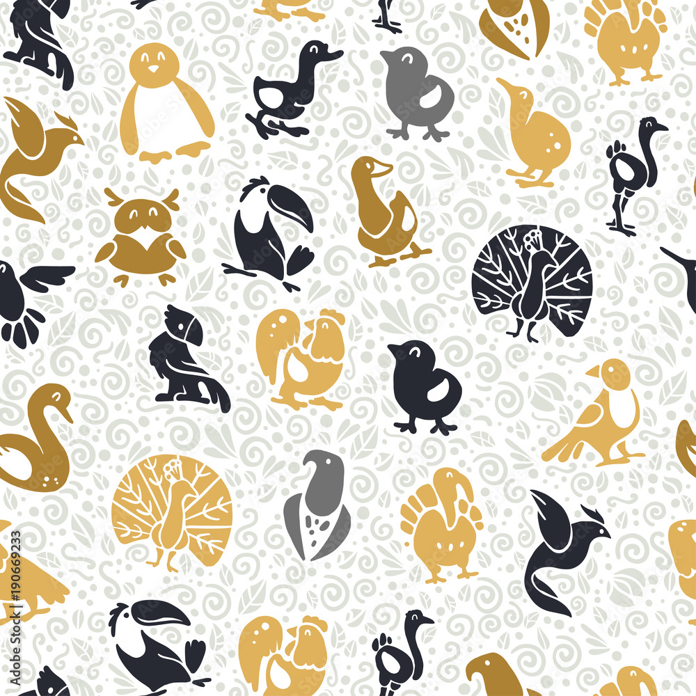 Vector flat seamless pattern with cute funny hand drawn birds silhouette isolated on white background. Perfect for packaging design, prints, banners etc.