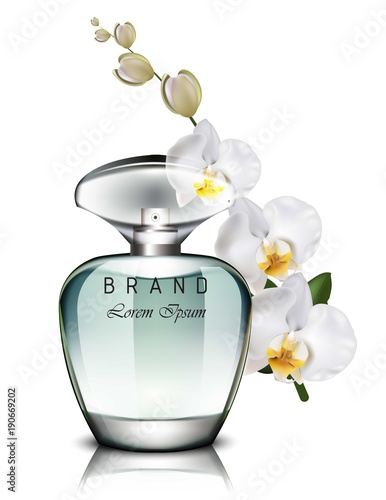 Perfume bottle Vector realistic mock up. Delicate orchid flowers fragrance. P...