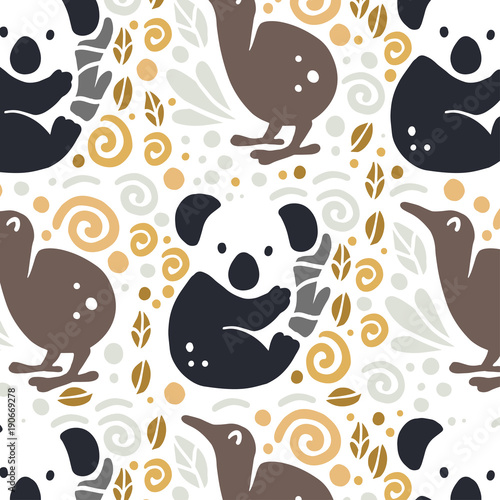 Vector flat seamless pattern with cute funny hand drawn animals silhouette isolated on white background. Perfect for packaging design, prints, banners etc.