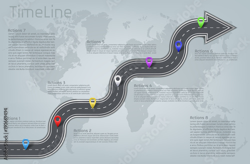 Vector company corporate car road curved arrow shape world map milestone, timeline business presentation layout infographic plan workflow pointer marks, action step. Concept template illustration