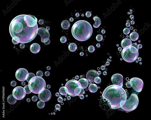 Vector 3d soap transparent bubbles isolated on black background. Water spheres, realistic balls, soapy balloons, soapsuds. Glossy foam aqua, bright abstract elements, print, mock up.