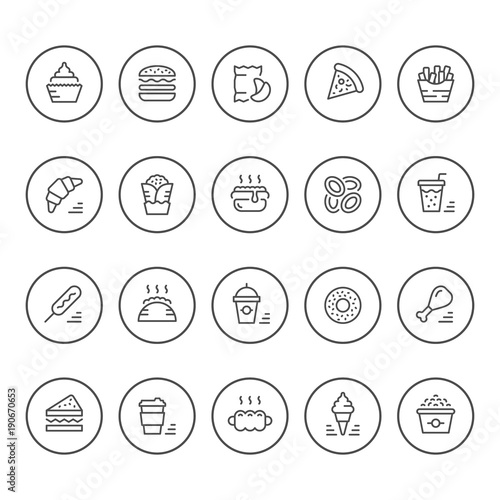 Set round line icons of fast food