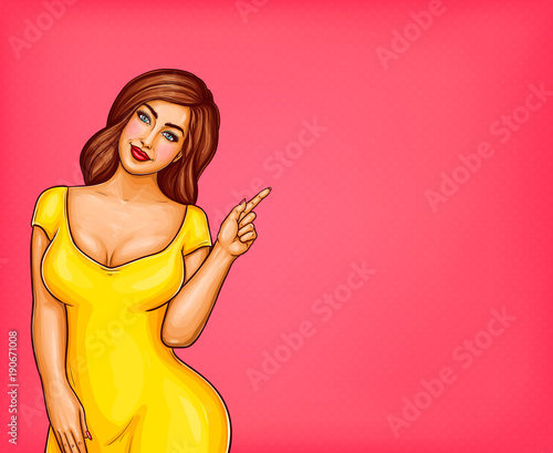 Vector fat, obese brown-haired model, pop art xxl, plus size woman in yellow dress pointing a finger at discounts, sale. Fashion illustration. Concept for internet, design.