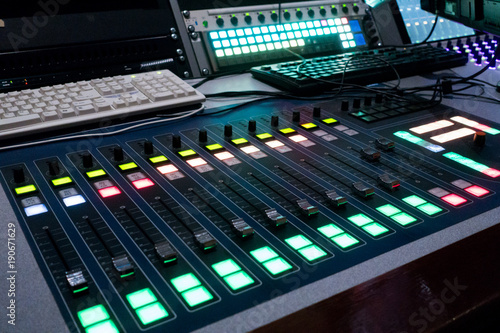 Professional sound engineer's console. Remote control for the sound engineer. Mixing consoles. Remote concert sound engineer. 
