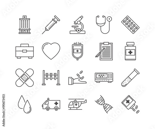 Thin lines icon set, medicine and health symbols, vector collection