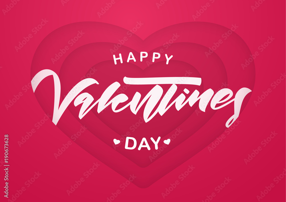 Romantic greeting card with hand lettering of Happy Valentines Day on red paper hearts background Romantic greeting card with hand lettering of Happy Valentines Day on red paper hearts background