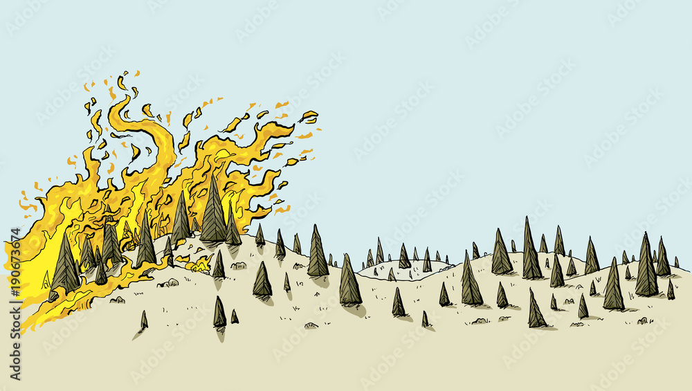 A cartoon of a fierce wildfire spreading over a dry, parched, drought-stricken  landscape of evergreen trees on rolling hills. Stock Vector | Adobe Stock