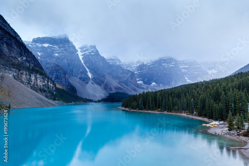 Cold and Foggy Moraine Lake at Banff National Park
