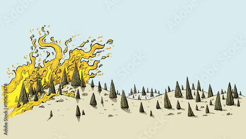 A cartoon of a fierce wildfire spreading over a dry, parched, drought-stricken landscape of evergreen trees on rolling hills.