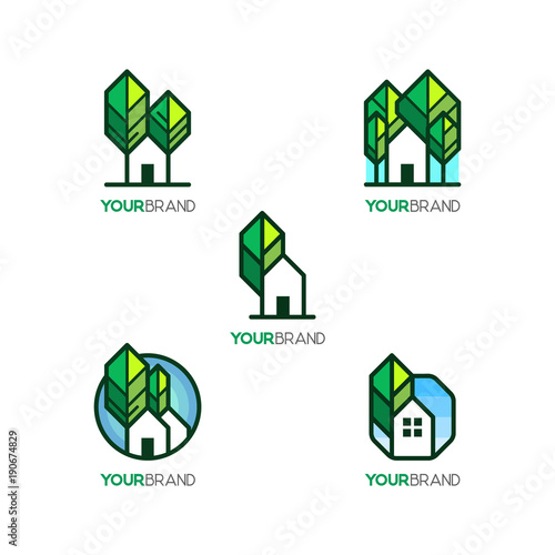 House & Tree Icon Set For Eco Green House Logo