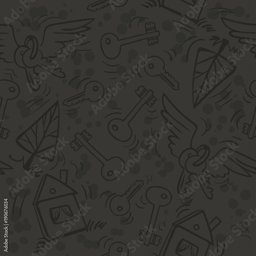 Hand drawn keys, houses and trees. Seamless pattern can be used for wallpaper, pattern fills, web page background, surface textures