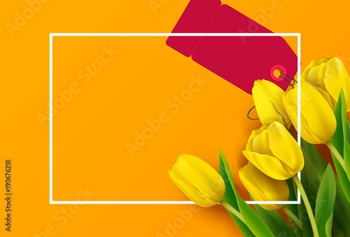 Bunch of spring yellow tulips with price tag on orange background. Vector illustration