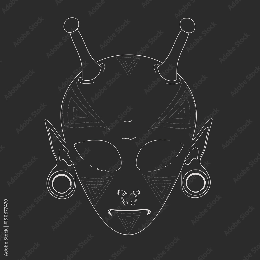 vector sketch the face of an alien with horns and piercings. the face is  covered with a geometric pattern tattoo. t-shirt design, poster and other  Stock Vector | Adobe Stock