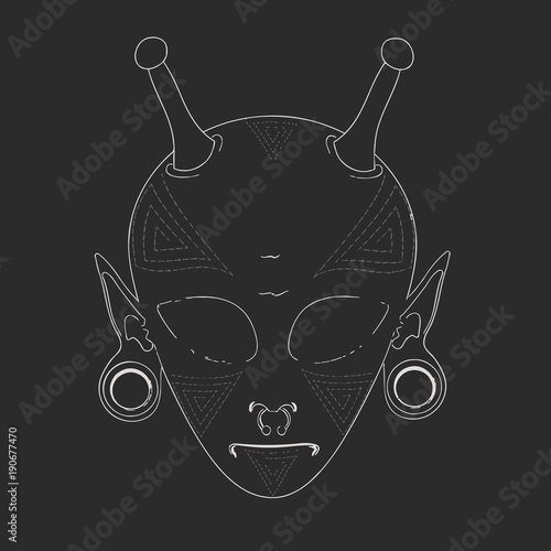 vector sketch the face of an alien with horns and piercings. the face is covered with a geometric pattern tattoo. t-shirt design, poster and other