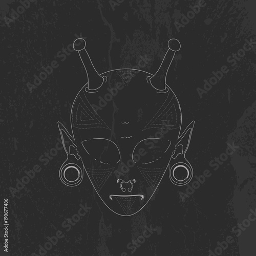 vector sketch the face of an alien with horns and piercings. the face is covered with a geometric pattern tattoo. grunge texture. t-shirt design, poster and other