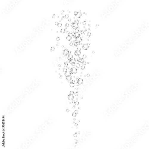 Realistic air bubbles flow on white background.
