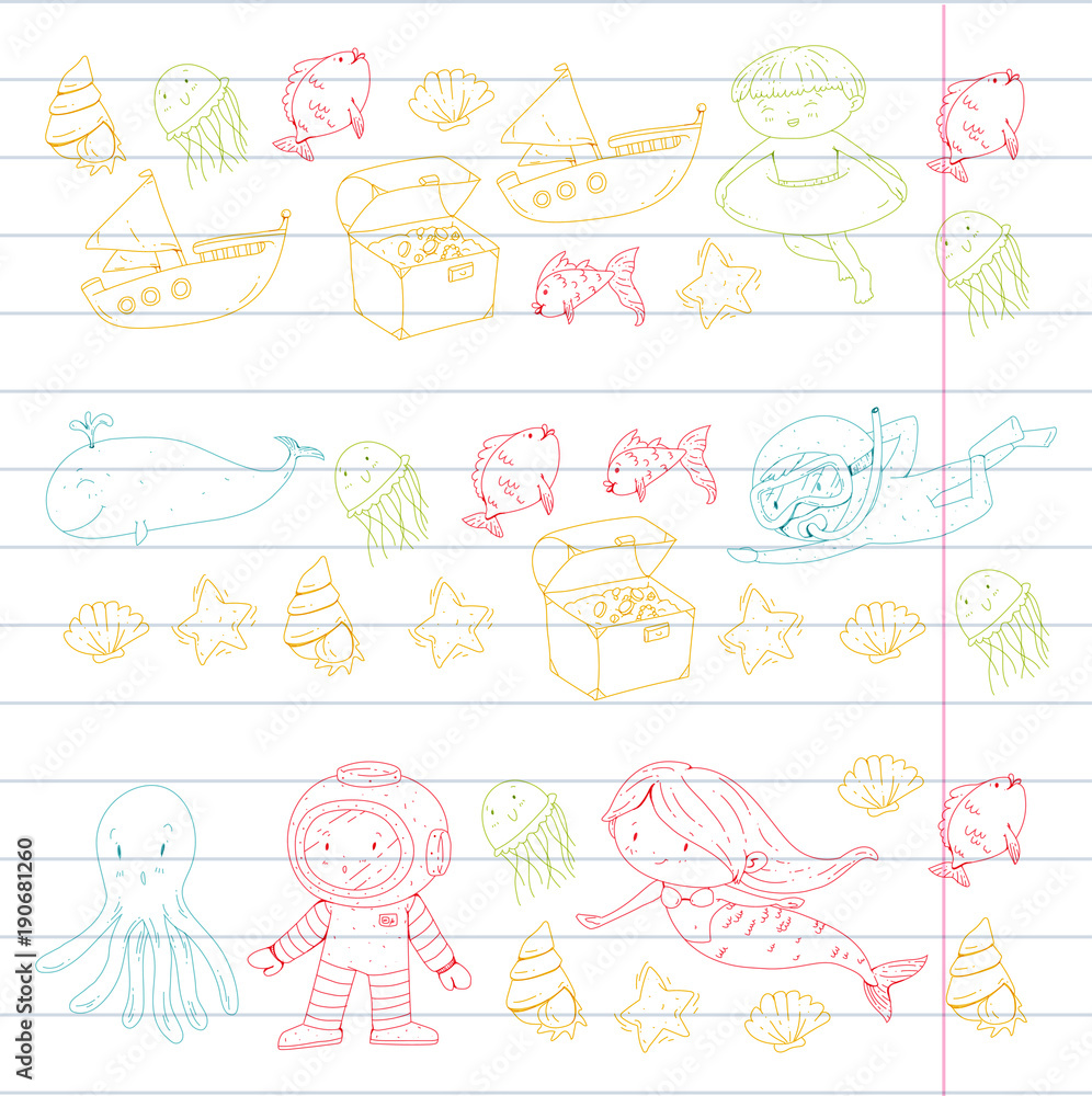 Fototapeta premium Sea and ocean adventure Kindergarten, preschool, school children. Kids aquapark. Underwater. Mermaid, octopus, fishes, whale, shells, jelly fish. Lost treasures. Scuba. Pirate ship. Diving, snorkeling