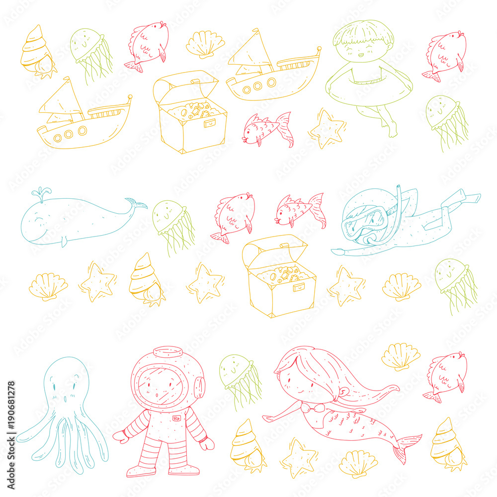 Fototapeta premium Sea and ocean adventure Kindergarten, preschool, school children. Kids aquapark. Underwater. Mermaid, octopus, fishes, whale, shells, jelly fish. Lost treasures. Scuba. Pirate ship. Diving, snorkeling