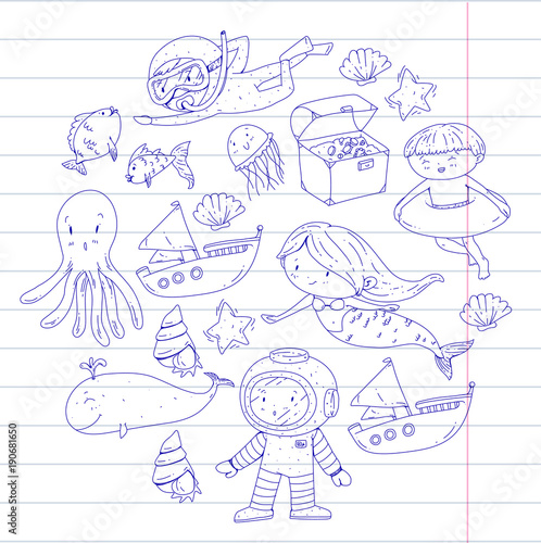 Sea and ocean adventure Kindergarten, preschool, school children. Kids aquapark. Underwater. Mermaid, octopus, fishes, whale, shells, jelly fish. Lost treasures. Scuba. Pirate ship. Diving, snorkeling