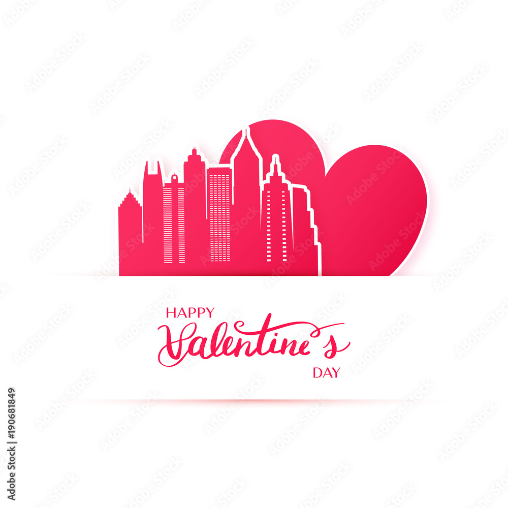 Red heart and silhouette of Atlanta city paper stickers. Valentine card in paper art style.