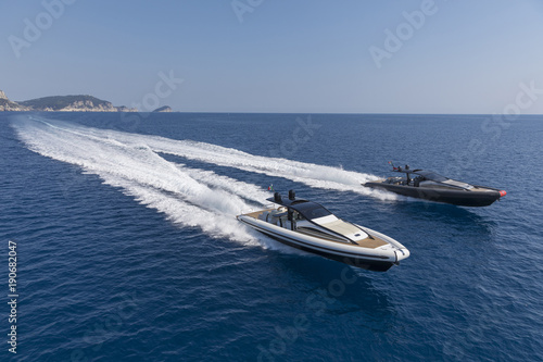 aerial view two motor boat in navigation © Andrea