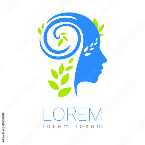 Modern vector Human silhouette logotype isolated on white background. Green and blue colors. Man head and leaves. Health symbol. Concept design for web, clinic, school, education. Creative icon.