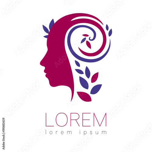 Modern vector Human silhouette logotype isolated on white background. Violet and blue colors. Man head and leaves. Health symbol. Concept design for web, clinic, school, education. Creative icon.