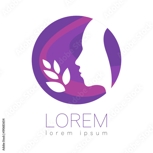 Modern vector Human silhouette in circle logotype isolated on white background. Violet and blue colors. Man head and leaves. Health symbol. Concept design for web, clinic, school, education. Creative
