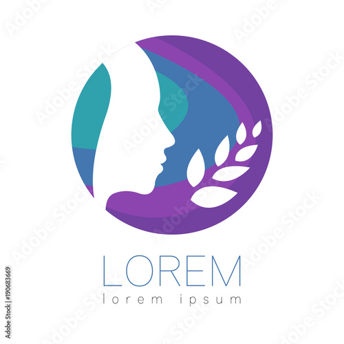 Modern vector Human silhouette in circle logotype isolated on white background. Violet and blue colors. Man head and leaves. Health symbol. Concept design for web, clinic, school, education. Creative