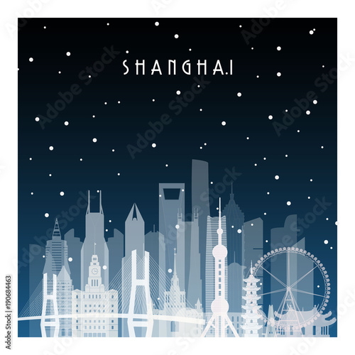 Winter night in Shanghai. Night city in flat style for banner  poster  illustration  background.