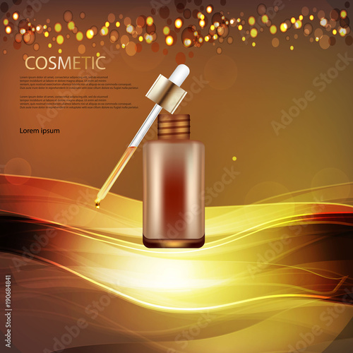 Cosmetic ads templatedroplet bottle on gold background. 