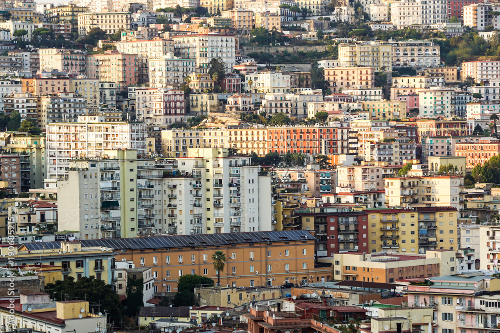 Aerial view of traditional red house roofs at the Naples Town Square, Napoli Italy . urban agglomeration