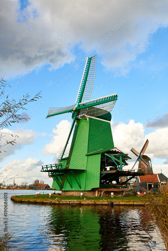 Unique old, authentic, real working windmills in the suburbs of Amsterdam, the Netherlands.