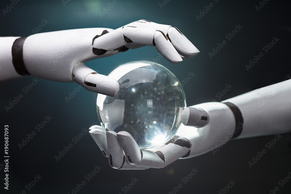 Robot Predicting Future With Crystal Ball - obrazy, fototapety, plakaty 