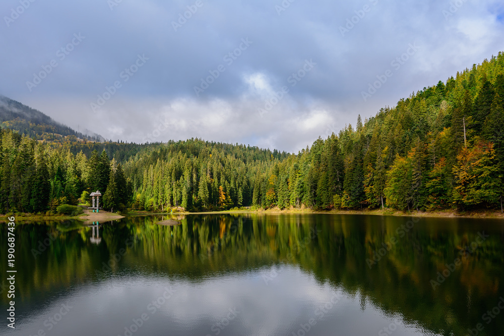 View of Synevir high-altitude lake by autumn day. The leaf fall forest is reflected in water of lake. View of Synevir high-altitude lake by autumn day. The leaf fall forest is reflected in water of lake.