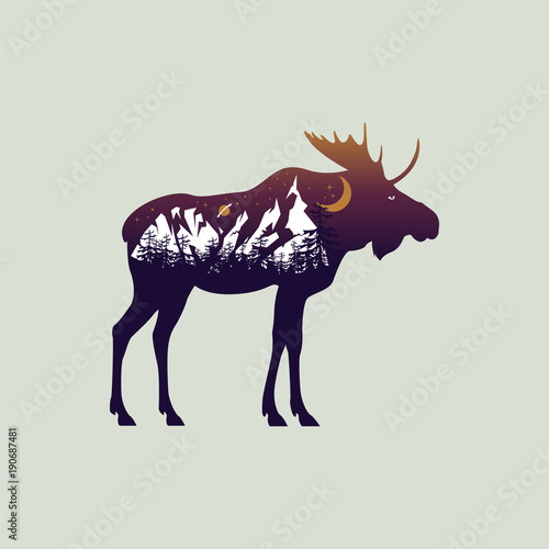 moose and mountain landscape double exposure