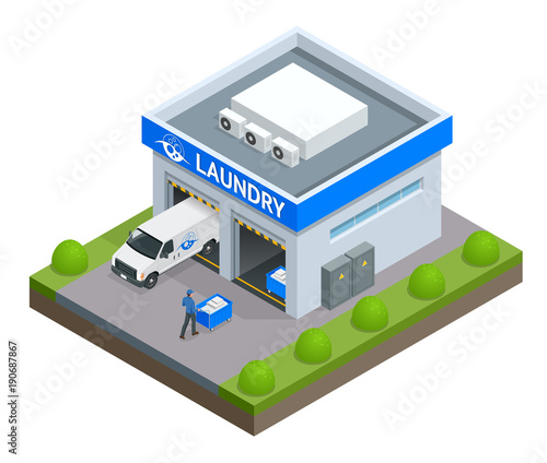Laundry and dry cleaning isometric concept with washing machines and iron Laundry service vector illustration