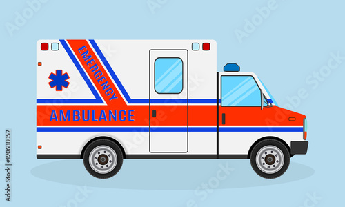 Ambulance car. Emergency medical service vehicle side view. Medicine clinic transportation.