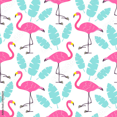 Cute cartoon pink flamingos and blue tropical leaves isolated on white background. Vector seamless pattern can be used for posters  banners  t-shirt print  party invitaions  wrapping