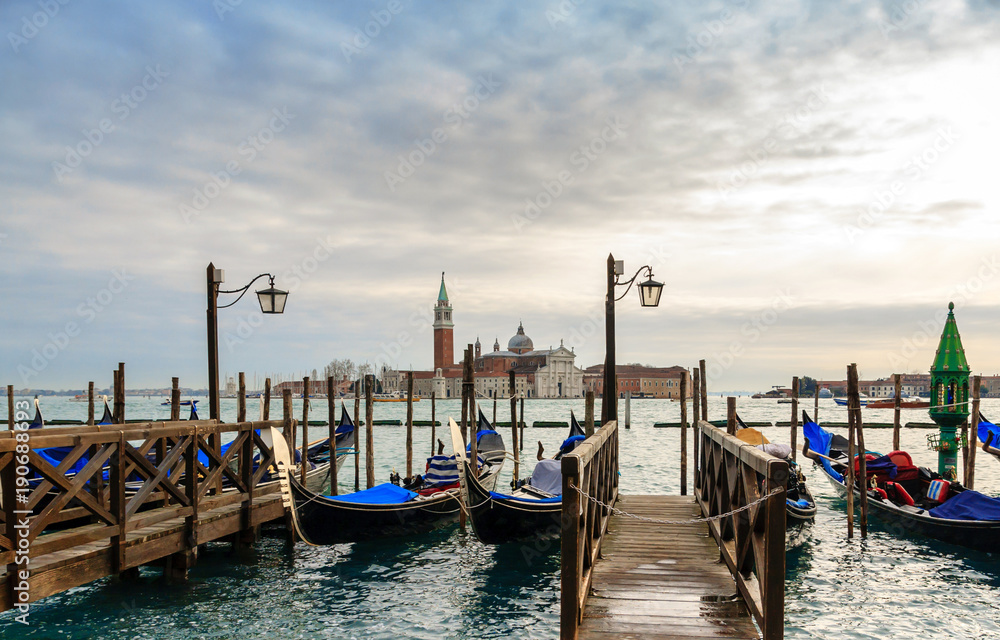 Gondolas in the winter day, Venice, Italy