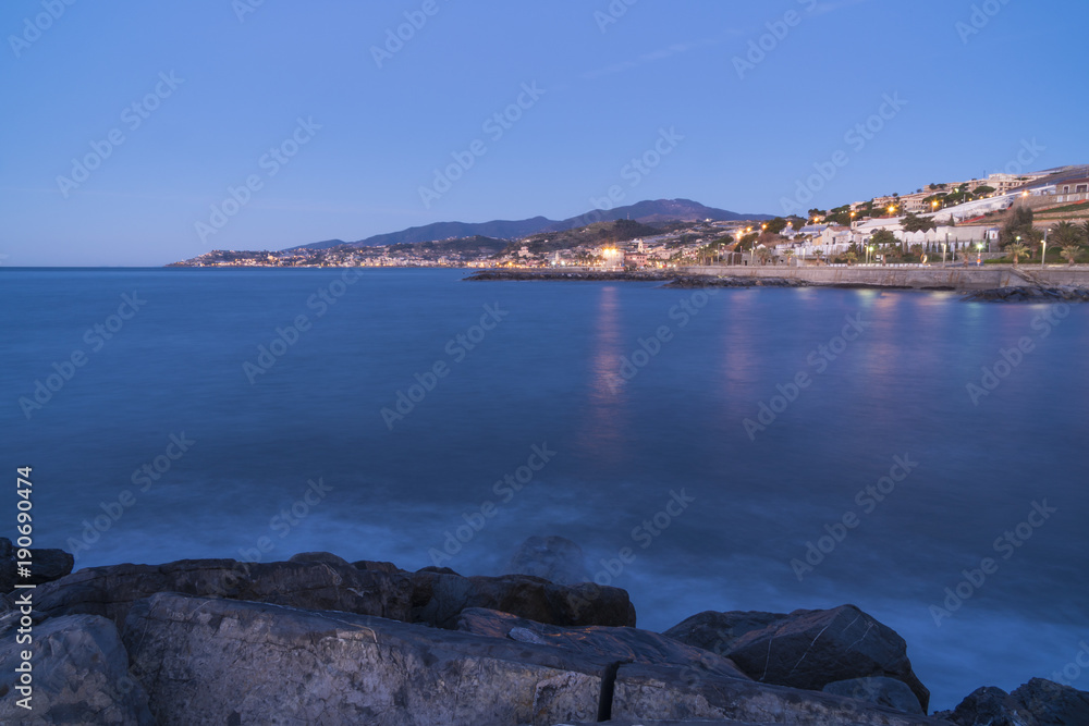 The village Santo Stefano al Mare (Italy, Mediterranean sea) on the Ligurian Riviera at dawn in winter. Italian seascape.