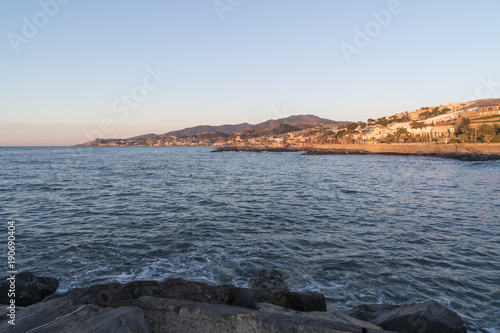 Seascape, the coast of the Ligurian Riviera with Santo Stefano village (Italy, Mediterranean sea) on a clear winter day.