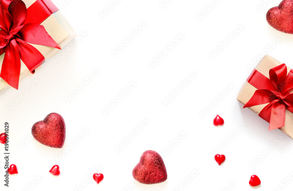 A gift on a white background with decorations. The concept of the St. Valentine's day, weddings, birthday and other holidays.