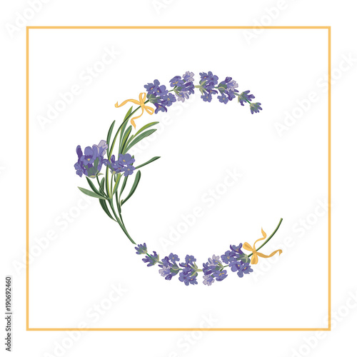 Letter C monogram. Retro sign alphabet with lavender flower initial