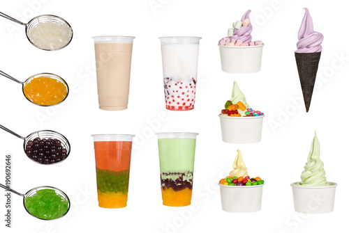 Collage of ice cream, cup with organic frozen yogurt, ice milk bubble tea and topping for ice cream isolated on white background.